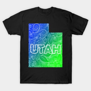 Colorful mandala art map of Utah with text in blue and green T-Shirt